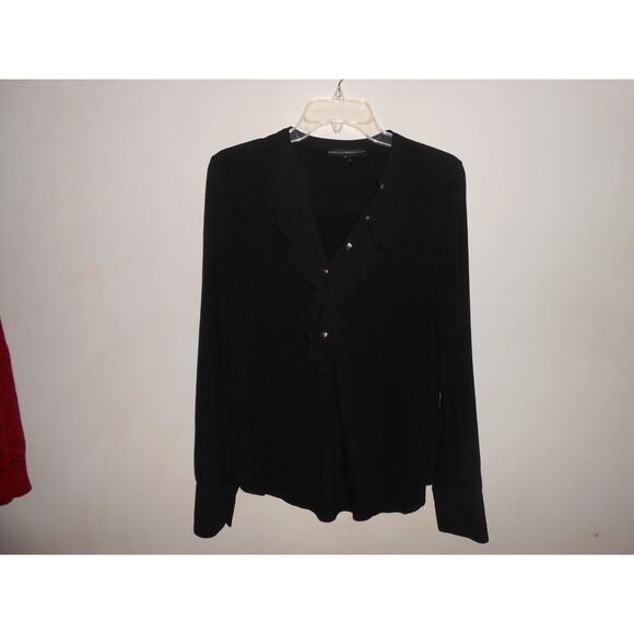 White House Black Market Tops - White House Black Market Jet Black V-Neck Top Pullover Ruffled Neckline Cuffed M